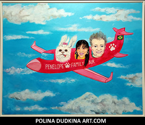 Polina Dudkina original commissioned painting of my Client's dog named Penelope and Penelope's Owners